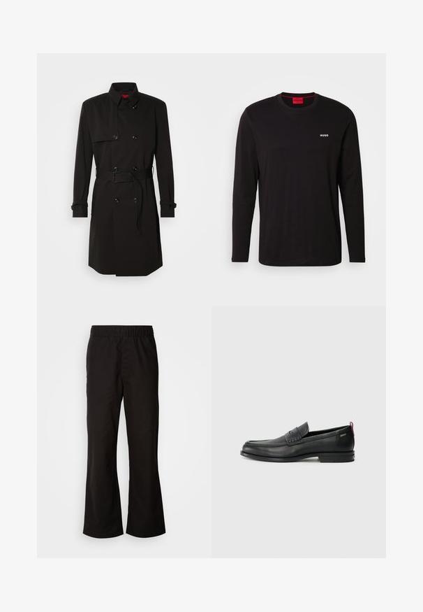 Black trench coat featuring a double-breasted design, large buttons, a belted waist, and a high collar. Smooth fabric with a matte finish.; Black long-sleeve t-shirt made of cotton, featuring a round neckline and a white "HUGO" logo on the chest. Smooth texture, casual fit.; Black elastic waistband trousers with a flared shape, made of smooth cotton fabric. Features a simple design and straight leg openings.; Black leather loafers with a textured front panel and smooth sides. Features a slim heel and rear loop for easy wear. Classic design.
