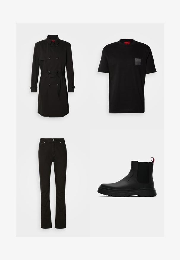 Černý trenčkot s dvouvrstvým designem, velkými knoflíky, páskem v pase a vysokým límcem. Hladká tkanina s matným povrchem.; Černé bavlněné tričko s kulatým výstřihem, na přední části s texturovaným černým nášivkem loga na levé hrudi. Krátké rukávy a volný střih.; Černé džíny z denimu se střihem rovného nohavice, vybavené předními kapsami, zipem a stříbrnými kovovými detaily. Hladká textura, bez vzorů.; Černé kotníkové boty s hladkým povrchem, elastickými bočními panely a kontrastním červeným poutkem, s tlustou gumovou podrážkou a zaoblenou špičkou.