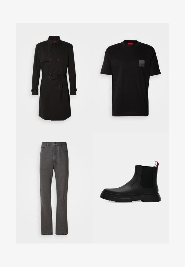 Schwarzer Trenchcoat mit einem doppelt knöpfbaren Design, großen Knöpfen, einem taillierten Gürtel und einem hohen Kragen. Glattes Material mit matter Oberfläche.; Schwarzes Baumwoll-T-Shirt mit Rundhalsausschnitt, versehen mit einem strukturierten schwarzen Patch mit Logo auf der linken Brust. Kurze Ärmel und entspannter Schnitt.; Graue Denim-Jeans im geraden Schnitt, mit frontalen Taschen, einem Knopfverschluss und subtiler Textur.; Schwarze Knöchelstiefel mit glatter Oberfläche, elastischen Seitenpaneelen und einem kontrastierenden roten Zuglasche, ausgestattet mit einer dicken Gummisohle und einer runden Zehenpartie.
