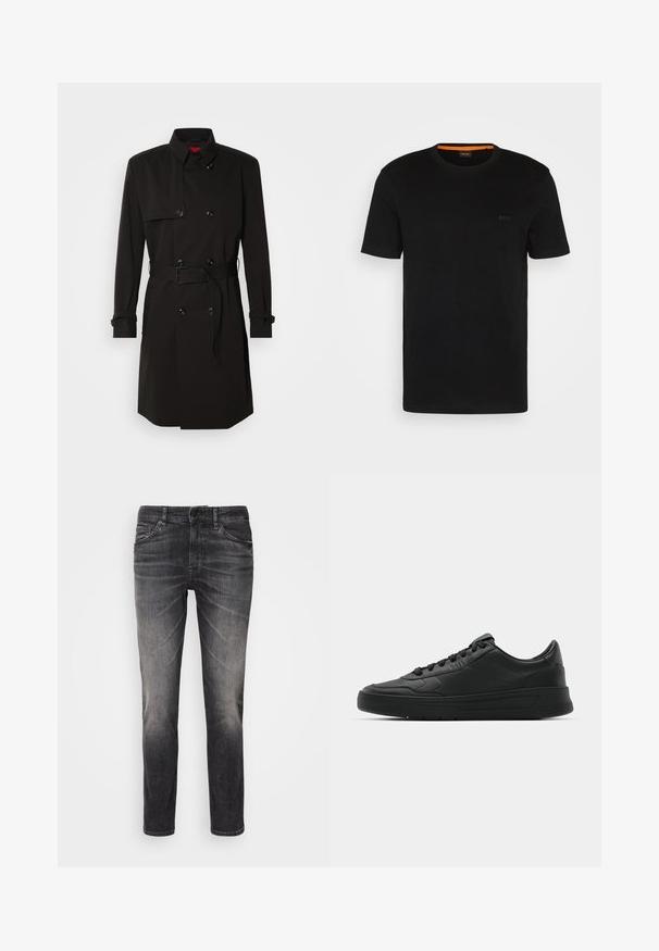 Mustade trench-takid, millel on kahekordselt nööbitud disain, suured nööbid, vööl olev rihm ja kõrge krae. Sile kangas matta viimistlusega.; Must t-särk lühikeste varrukatega, valmistatud pehmest kangast, ümarate kaelustega ja esiküljel diskreetse logoga. Kaela sees on oranž aktsent.; Mustad sinised teksad, millel on pleekinud pesu, viie taskuga disain, nööbiga kinnitamine, sirged jalad ja nähtavad õmblusdetailid.; Mustmustel musta nahast ülemise osaga, ümmarguse varbaga, lamest paeltega, pehmendatud kaeluse ja minimalistliku disainiga. Kummist tald, millel on peen tihenemine.