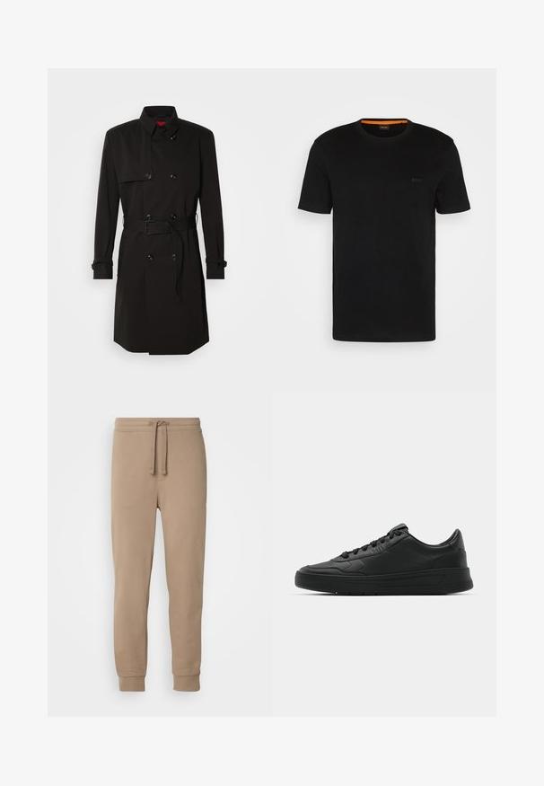 Mustat trench-takit, joissa on kaksirivinen malli, suuret napit, vyötärönauha ja korkea kaulus. Sileä kangas matta pinnalla.; Mustat lyhyet hihaset t-paidat, jotka on valmistettu pehmeästä kankaasta. Paita on pyöreällä kaula-aukolla ja siinä on huomaamaton logo edessä. Kauluksen sisäpuolella on oranssi yksityiskohta.; Beige puuvillaiset collegehousut, joissa on joustava vyötärö, naru, sivutaskut ja ribattu lahkeensuu, joissa on sileä pinta ja kapeneva malli.; Mustat lenkkitossut, joissa on sileä nahkapäällinen, pyöreä kärki, tasaiset nauhat, pehmustettu nilkka ja minimalistinen muotoilu. Kumia pohja, jossa on hillitty urakuvio.