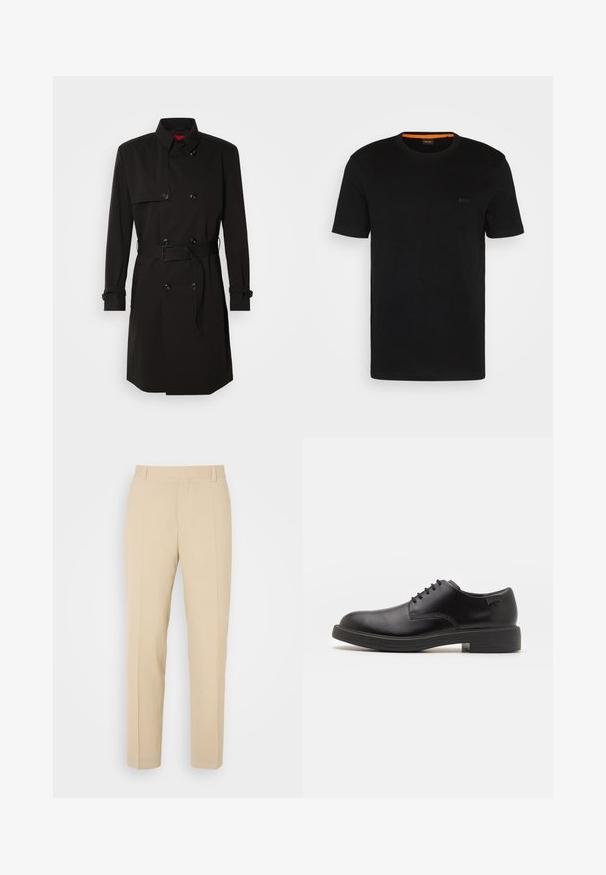 Black trench coat featuring a double-breasted design, large buttons, a belted waist, and a high collar. Smooth fabric with a matte finish.; Black short-sleeve t-shirt made of soft fabric, featuring a round neckline and a subtle logo on the front. Inside collar has orange accent.; Beige tailored pants with a straight-leg design, made from lightweight fabric, featuring two front pockets and neat pressed creases.; Black leather lace-up shoe with a rounded toe, smooth texture, minimal stitching, and a low rubber heel. Logo on the heel.
