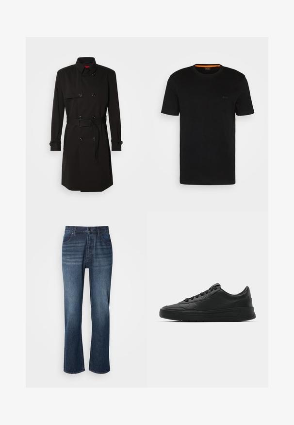 Cappotto lungo nero con design doppiopetto, grandi bottoni, vita con cintura e colletto alto. Tessuto liscio con finitura opaca.; T-shirt nera a maniche corte realizzata in un tessuto morbido, con scollatura rotonda e un logo discreto sul davanti. Il colletto interno presenta un accento arancione.; Jeans in denim con design a gamba dritta, lavaggio medio, stile a cinque tasche e chiusura con bottone. Il tessuto ha una texture liscia con leggere sfumature.; Sneaker nera con tomaia in pelle liscia, punta rotonda, lacci piatti, collare imbottito e design minimalista. Suola in gomma con un delicato motivo a rilievo.