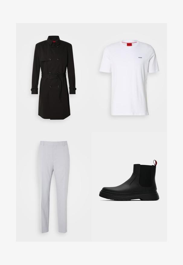 Svart trench coat med dubbelknäppt design, stora knappar, midjebälte och hög krage. Slät tyg med matt ytfinish.; Vit bomull t-shirt med korta ärmar, rund halsringning och liten svart "HUGO"-logotyp på vänster bröst. Har röd innerhals etikett.; Ljust grå skräddarsydda byxor med en slät yta, flat front och raka ben; har pressade veck och bältesöglor.; Svarta ankelstövlar med en slät yta, elastiska sidopaneler och en kontrasterande röd dragflik, med en tjock gummisula och rund tå.