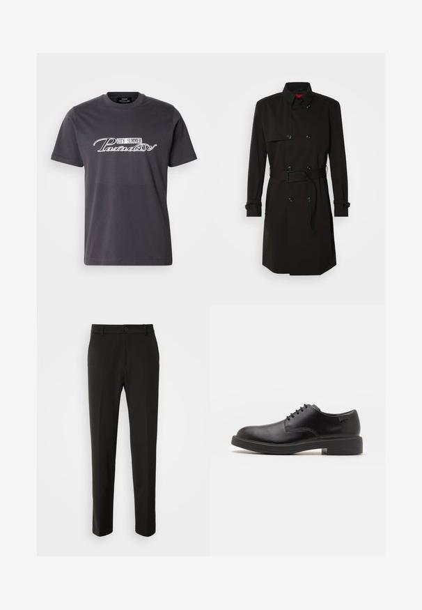 Sort trenchcoat med dobbeltrækkerdesign, store knapper, beltestrop i taljen og høj krave. Glat stof med mat finish.; Grå bomulds t-shirt med rund hals, der har et hvidt grafisk print med ordene "CITY SUMMER Paradise" i en stiliseret skrifttype.; Sorte bukser lavet af glat stof, med lige ben, en knaplukning og et klassisk design, der er velegnet til både formelt og uformelt brug.; Sorte læder snørestøvle med rund tå, glat tekstur, minimal syning og lav gummihæl. Logo på hælen.