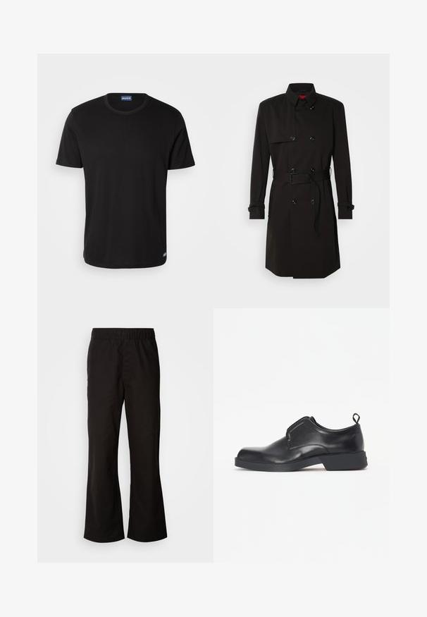 Černý trenčkot s dvouvrstvým designem, velkými knoflíky, páskem v pase a vysokým límcem. Hladká tkanina s matným povrchem.; Černé tričko s krátkým rukávem vyrobené z bavlny, s kulatým výstřihem a malým logem na lemu. Hladká textura, běžný střih.; Černé kalhoty s elastickým pasem a rozšířeným střihem, vyrobené z hladké bavlněné látky. Mají jednoduchý design a rovné nohavice.; Černá kožená nazouvací bota s kulatou špičkou a mírným podpatkem, se předním překrytím a malou poutkou na zadní straně.