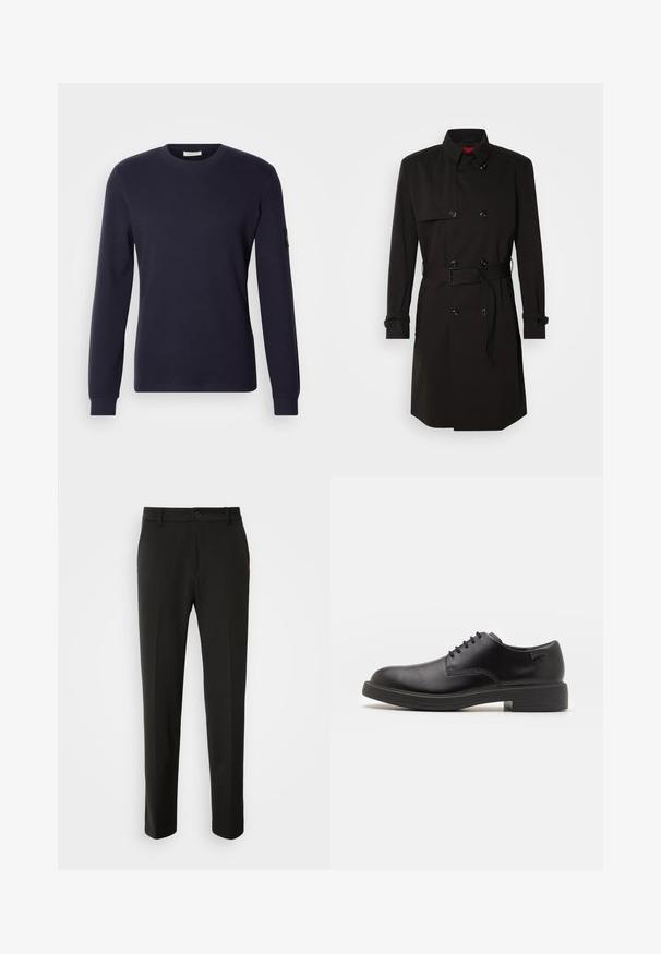 Fekete trench kabát, dupla gombos dizájnnal, nagy gombokkal, övvel ellátott derékkal és magas gallérral. Simább anyag, matt felülettel.; Sötétkék, hosszú ujjú, környakú póló texturált anyagból, testhezálló szabással és bordázott mandzsettákkal, bal ujján márkázott folttal.; Fekete nadrág sima szövetből, egyenes lábakkal, gombos záródással és klasszikus designnal, amely alkalmas formális vagy hétköznapi viseletre.; Fekete bőrcipő, kerek orrú, sima felületű, minimális varrással és alacsony gumitalppal. Logó a sarokrészen.