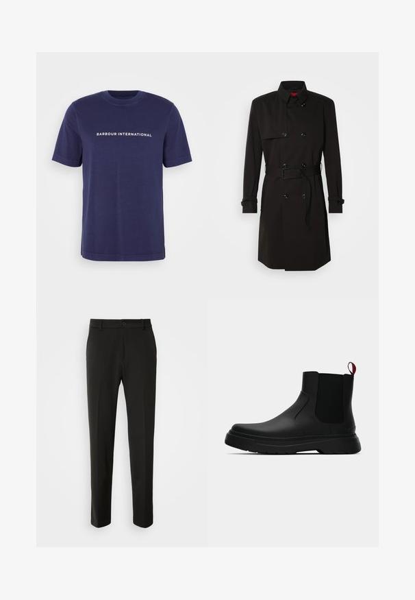 Mustade trench-takid, millel on kahekordselt nööbitud disain, suured nööbid, vööl olev rihm ja kõrge krae. Sile kangas matta viimistlusega.; Tumesinine puuvillane T-särk lühikeste varrukatega, ümmargune kaelaaugu ja valge tekstiga "BARBOUR INTERNATIONAL", mis on trükitud rinna peale.; Mustad püksid siledast kangast, sirgete jalgadega, nupuvõtme sulgemisega ja klassikaline disain, sobiv nii ametlikeks kui ka igapäevasteks kandmiseks.; Mustad musta värvi ankle boot, millel on sile viimistlus, elastsed külgpaneelid ja kontrastne punane tõmbetaba. Saapadel on paks kummist tald ja ümar varvas.