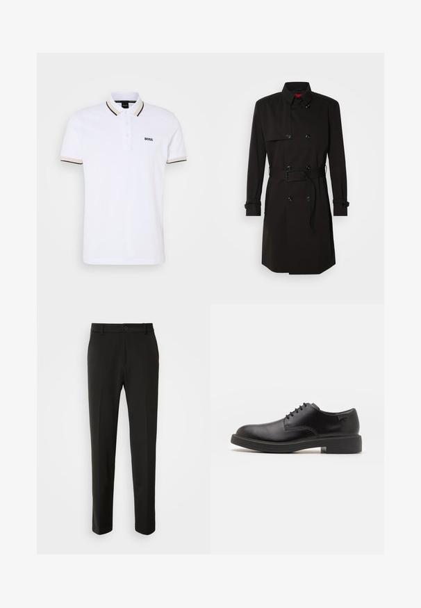 Fekete trench kabát, dupla gombos dizájnnal, nagy gombokkal, övvel ellátott derékkal és magas gallérral. Simább anyag, matt felülettel.; Fehér pólóklasszikus gallérral, háromgombos elülső részzel, sötét szegéllyel az ujjakon, és fekete hímzett logóval a mellkasán.; Fekete nadrág sima szövetből, egyenes lábakkal, gombos záródással és klasszikus designnal, amely alkalmas formális vagy hétköznapi viseletre.; Fekete bőrcipő, kerek orrú, sima felületű, minimális varrással és alacsony gumitalppal. Logó a sarokrészen.