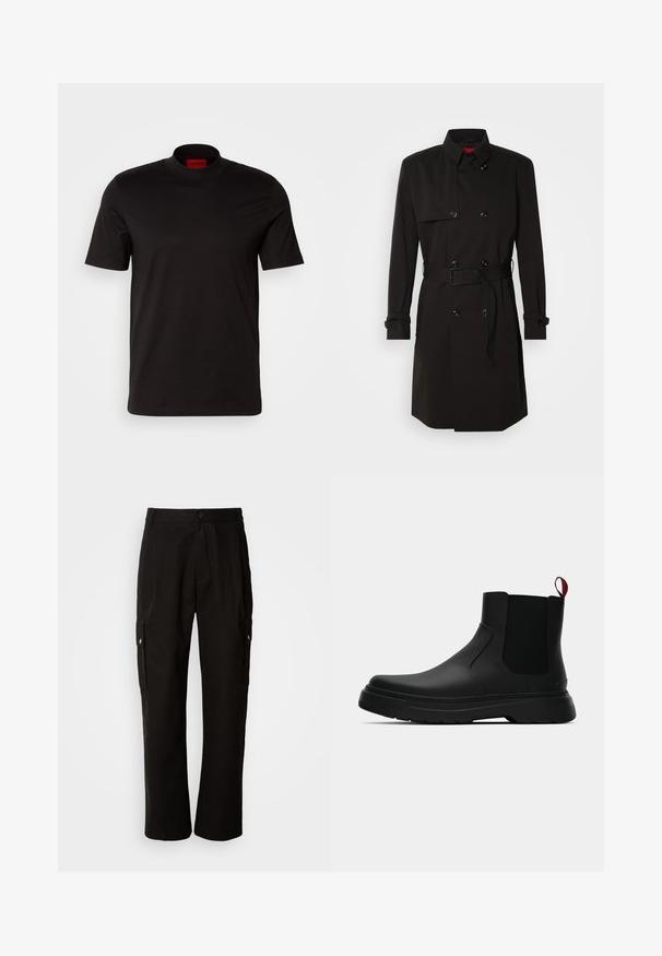 Palton negru cu un design cu dublu rând, butoane mari, talie cu curea și guler înalt. Material neted cu o finisare mată.; Tricou negru cu mânecă scurtă și un design cu guler înalt. Fabricat dintr-un material neted. Dispune de un eticheta de brand roșie pe gulerul interior.; Pantaloni cargo negri din bumbac, cu o croială lejeră, având buzunare laterale, închidere cu nasture și picioare drepte. Design simplu, fără modele.; Botine negre până la gleznă, cu un finisaj neted, panouri laterale elastice și un tab de prindere roșu contrastant, având o talpă groasă din cauciuc și vârf rotunjit.