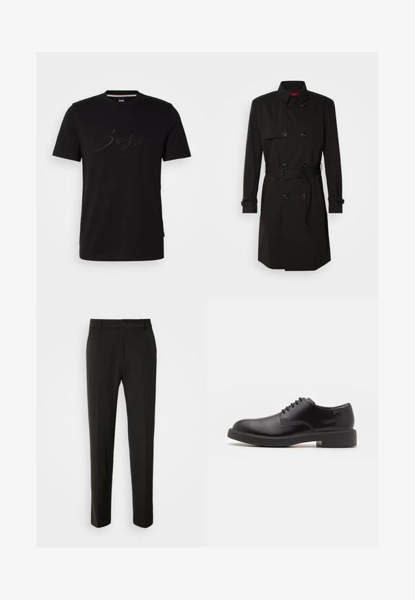 Black trench coat featuring a double-breasted design, large buttons, a belted waist, and a high collar. Smooth fabric with a matte finish.; Black cotton t-shirt with a round neckline, short sleeves, and tonal embroidered "BOSS" logo on the front. Smooth texture, standard fit.; Black trousers made of smooth fabric, featuring straight legs, a button closure, and a classic design suitable for formal or casual wear.; Black leather lace-up shoe with a rounded toe, smooth texture, minimal stitching, and a low rubber heel. Logo on the heel.