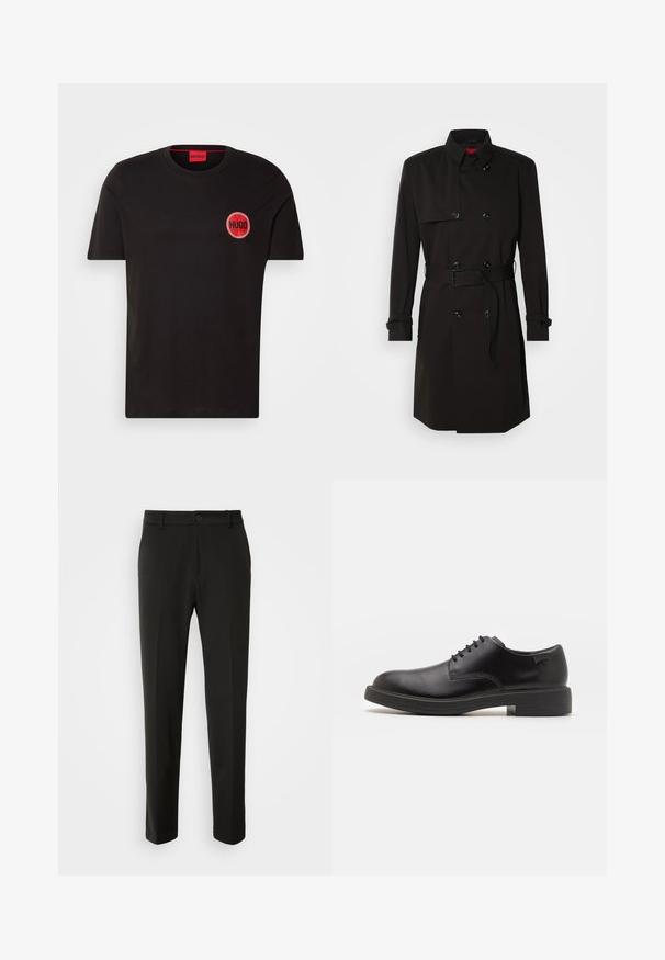 Czarny płaszcz typu trench z podwójnym zapięciem, dużymi guzikami, paskiem w talii oraz wysokim kołnierzem. Gładki materiał o matowym wykończeniu.; Czarny bawełniany t-shirt z okrągłym czerwonym logo z napisem "HUGO". Standardowy krój, okrągły dekolt, krótkie rękawy, gładka tekstura.; Czarne spodnie z gładkiego materiału, z prostymi nogawkami, z zapięciem na guzik i klasycznym wzornictwem, odpowiednie zarówno na formalne, jak i codzienne okazje.; Czarny skórzany but za kostkę z okrągłym noskiem, gładką fakturą, minimalnym przeszyciem i niskim gumowym obcasem. Logo na pięcie.