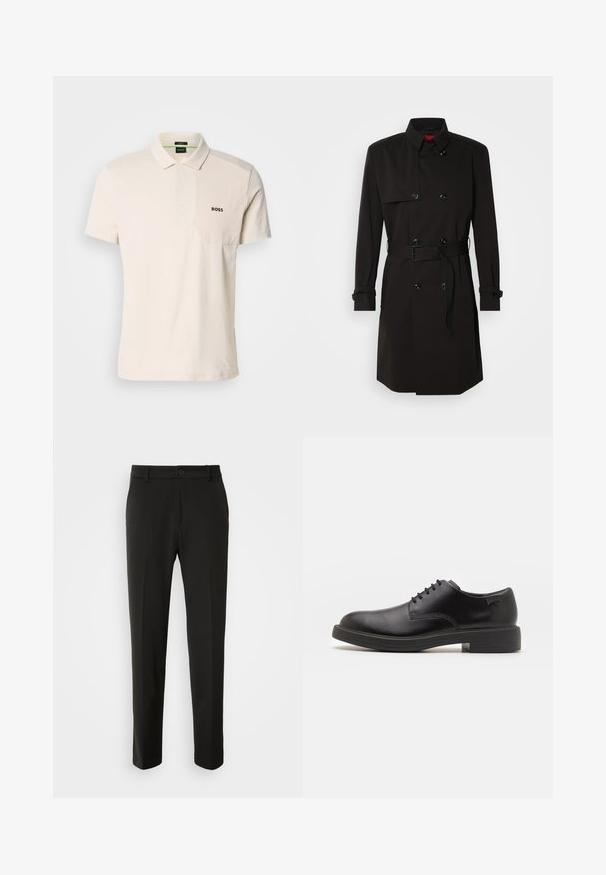 Svart trench coat med dubbelknäppt design, stora knappar, midjebälte och hög krage. Slät tyg med matt ytfinish.; Polotröja i ljusbeige bomull med korta ärmar, krage, knappslå och en texturerad bröstpanel med "BOSS"-logotyp.; Svarta byxor tillverkade av slät tyg, med raka ben, knappstängning och en klassisk design som passar för både formell och avslappnad användning.; Svart läder snörsko med rund tå, slät yta, minimal söm och låg gummihäl. Logotyp på hälen.