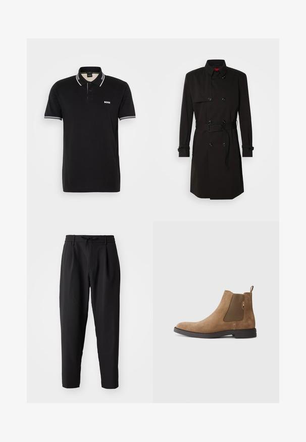 Svart trench coat med dubbelknäppt design, stora knappar, midjebälte och hög krage. Slät tyg med matt ytfinish.; Svart polo-shirt med en liten vit logotyp. Har två knappar, kontrasterande krage och ärmsnuttar i vitt. Tillverkad av mjukt material.; Svarta tapered byxor med elastisk midja och dragsko. Slätt tyg med en lätt struktur, med veck och sidfickor.; Brun mocka Chelsea-stövlar med elastiska sidopaneler och en dragflik. Har en rundad tå och en platt gummisula för stabilitet.