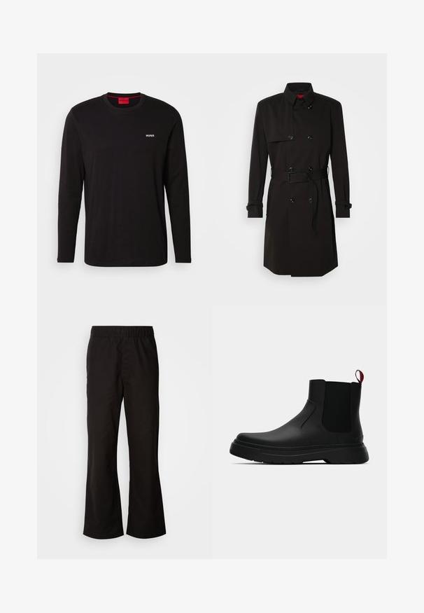 Črni plašč s dvojno zadrgo, velikimi gumbi, pasom in visokim ovratnikom. Gladek material z mat površino.; Črna dolgosleeve majica iz bombaža, z okroglim ovratnikom in belim logotipom "HUGO" na prsih. Gladka tekstura, sproščen kroj.; Črne hlače z elastičnim pasom in razširjenim krojem, narejene iz gladkega bombažnega blaga. Imajo preprost dizajn in ravne odprtine za noge.; Črne gležnjarje z gladkim zaključkom, elastičnimi stranskimi paneli in kontrastnim rdečim izvlečnim trakom, ki vključujejo debel gumijast podplat in zaobljen nos.