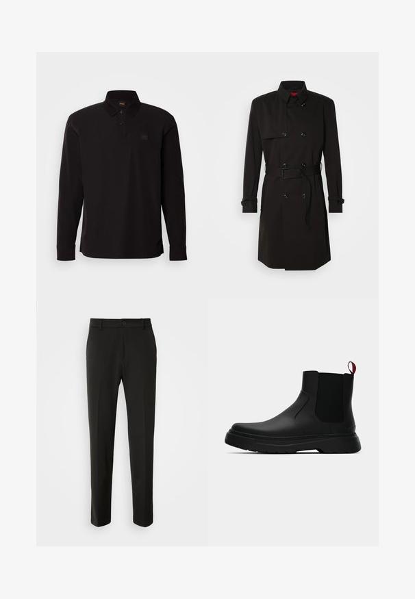 Fekete trench kabát, dupla gombos dizájnnal, nagy gombokkal, övvel ellátott derékkal és magas gallérral. Simább anyag, matt felülettel.; Fekete, hosszú ujjú pólóing, amely pamutból készült, gallérral, gombos kivágással és egy kis logóval a bal mellen.; Fekete nadrág sima szövetből, egyenes lábakkal, gombos záródással és klasszikus designnal, amely alkalmas formális vagy hétköznapi viseletre.; Fekete bokacipő sima felülettel, ruganyos oldalsó panelek és kontrasztos piros húzópánt jellemzi, vastag gumitalppal és lekerekített orral.