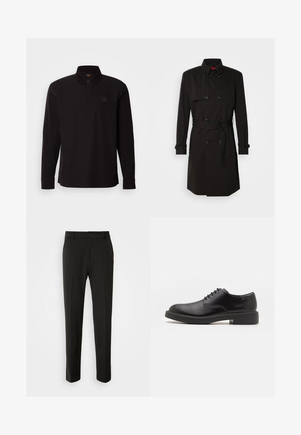 Juodas ilgas paltas su dvigubu užsegimu, didelėmis sagomis, diržu ties juosmeniu ir aukštu apykakle. Lygi medžiaga su matinio paviršiaus apdaila.; Juodas ilgarankovis polo marškinėliai, pagaminti iš medvilnės, su apykakle, mygtukų eiliu ir mažu logotipo ženkleliu kairėje krūtinės pusėje.; Juodi kelnes, pagamintos iš lygaus audinio, su tiesiomis kojomis, mygtuko uždarymu ir klasikiniu dizainu, tinkamu tiek formaliai, tiek kasdienei aprangai.; Juodas odinis batų modelis su raišteliais, apvaliu nosiu, lygiu paviršiumi, minimaliai siuvinėjimu ir žemu guminėmis pakulne. Ant pakulnės šalia logo.