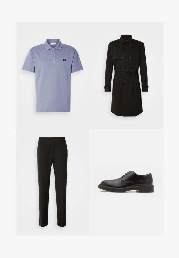 Fekete trench kabát, dupla gombos dizájnnal, nagy gombokkal, övvel ellátott derékkal és magas gallérral. Simább anyag, matt felülettel.; Világos lila pólóing, textúrált anyagból készült, háromgombos kivágással és egy kis fekete logófolttal a bal mellen.; Fekete nadrág sima szövetből, egyenes lábakkal, gombos záródással és klasszikus designnal, amely alkalmas formális vagy hétköznapi viseletre.; Fekete bőrcipő, kerek orrú, sima felületű, minimális varrással és alacsony gumitalppal. Logó a sarokrészen.