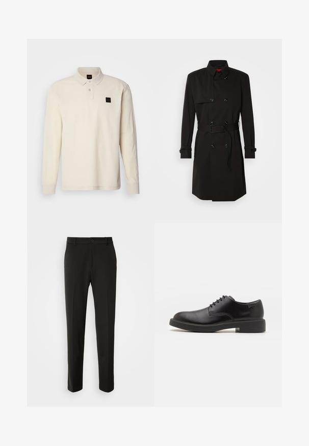 Mustat trench-takit, joissa on kaksirivinen malli, suuret napit, vyötärönauha ja korkea kaulus. Sileä kangas matta pinnalla.; Pitkähihaine polo-paita luonnonvalkoisena, puuvillasta valmistettu. Varustettu nappikauluksella, ribbitetyillä hihoilla ja brändätyllä tarralla rinnassa.; Mustat housut, jotka on valmistettu sileästä kankaasta, suoriin lahkeisiin, nappikiinnitykseen ja klassiseen muotoiluun, sopivat muodollisiin tai vapaa-ajan asuihin.; Mustat nahkasaappaat, joissa on pyöreä kärki, sileä pinta, minimaalinen ommel ja matala kumipohja. Logo kannassa.