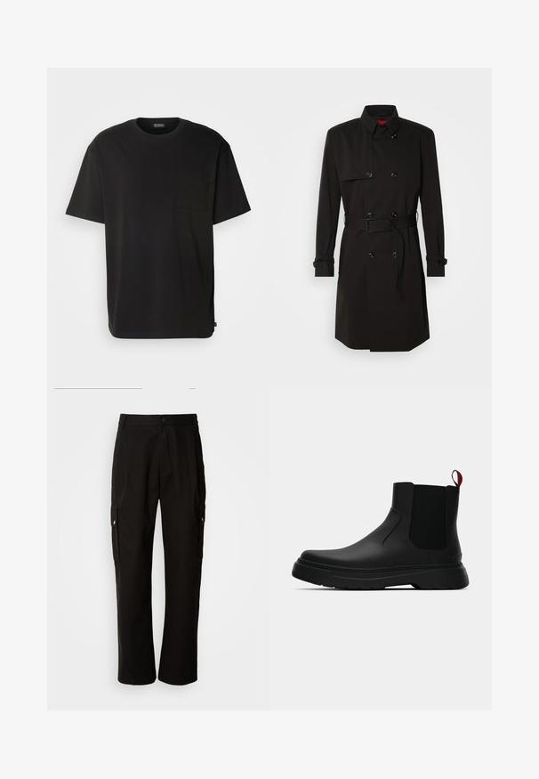 Čierny trenčkot s dvojradovým dizajnom, veľkými gombíkmi, opaskom v páse a vysokým golierom. Hladká tkanina s matným povrchom.; Čierne tričko s krátkym rukávom vyrobené z bavlny. Obsahuje náprsné vrecko a má voľný strih. Jednoduchý dizajn bez viditeľných vzorov alebo akcentov.; Čierne cargo nohavice vyrobené z bavlny s voľným strihom, majú bočné vrecká, zapínanie na gombík a rovné nohavice. Jednoduchý dizajn bez vzorov.; Čierne členkové topánky s hladkým povrchom, elastickými bočnými panelmi a kontrastným červeným poutkom, vybavené hrubou gumovou podrážkou a zaoblenou špičkou.