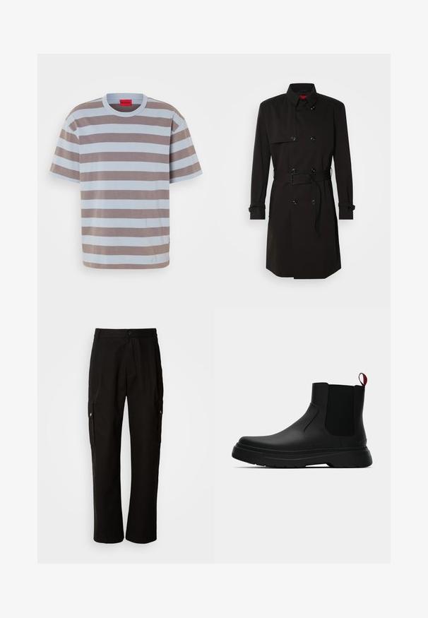Sort trenchcoat med dobbeltrækkerdesign, store knapper, beltestrop i taljen og høj krave. Glat stof med mat finish.; Stribet t-shirt i lyseblå og brun, lavet af bomuld. Har rund halsudskæring og et lille logo præget i midten foran.; Sorte cargo bukser lavet af bomuld med en afslappet pasform, der har sidelommer, knaplukning og lige ben. Enkel design uden mønstre.; Sort ankelstøvle med en glat overflade, elastiske sidepaneler og en kontrasterende rød træksløjfe, der har en tyk gummisål og rund tå.