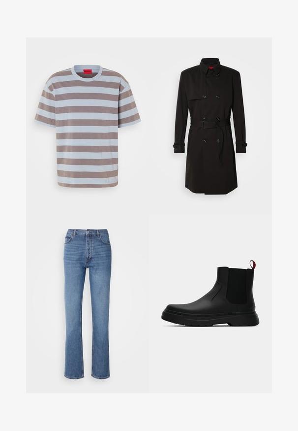 Juodas ilgas paltas su dvigubu užsegimu, didelėmis sagomis, diržu ties juosmeniu ir aukštu apykakle. Lygi medžiaga su matinio paviršiaus apdaila.; Dryžuota šviesiai mėlyna ir ruda marškinėliai, pagaminti iš medvilnės. Turi apvalų iškirpimą ir mažą logotipą, įspaustą centre priekyje.; Mėlyni džinsai su aukštu liemeniu, tiesaus kirpimo dizainu ir subtiliu išblukimu. Turi klasikinį penkių kišenių stilių ir užtrauktuko uždarymą.; Juodas kulkšninis batas su lygiu paviršiumi, elastiniais šonų intarpais ir kontrastingu raudonu kilimėliu, turintis storą guminį pado ir apvalią nosį.