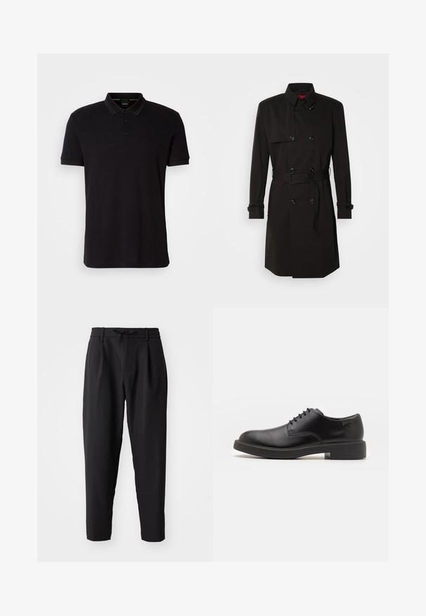 Juodas ilgas paltas su dvigubu užsegimu, didelėmis sagomis, diržu ties juosmeniu ir aukštu apykakle. Lygi medžiaga su matinio paviršiaus apdaila.; Juodas polo marškinėlis, pagamintas iš minkštos medžiagos, turi klasikinį apykaklę, tris mygtukus ir siuvinėtą logotipą ant krūtinės.; Juodos suplonintos kelnės su elastine juostele ir raišteliu. Slydus audinys su lengva tekstūra, turintis klostes ir šonines kišenes.; Juodas odinis batų modelis su raišteliais, apvaliu nosiu, lygiu paviršiumi, minimaliai siuvinėjimu ir žemu guminėmis pakulne. Ant pakulnės šalia logo.