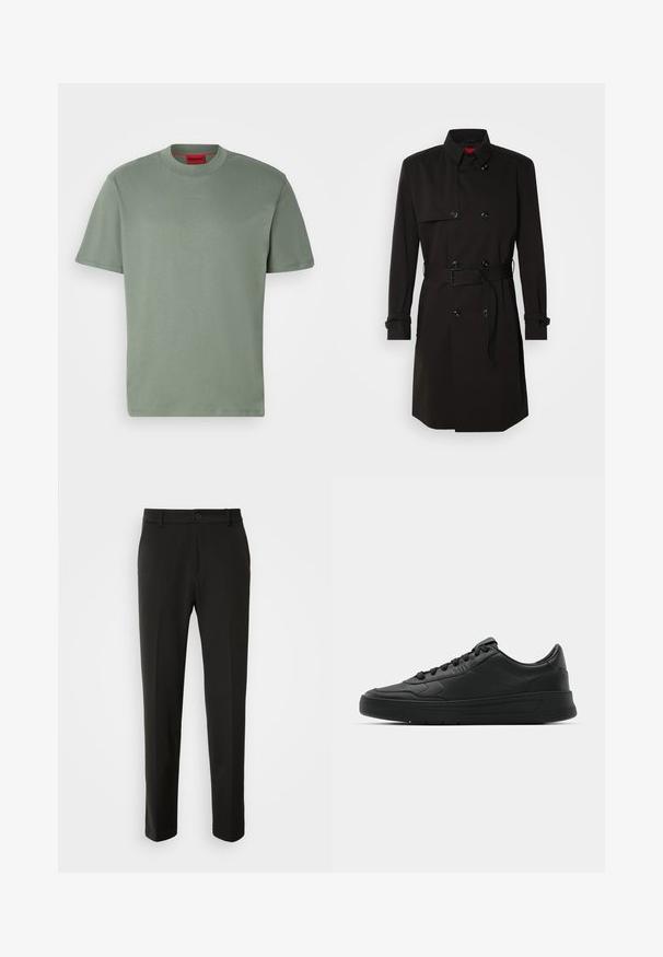 Black trench coat featuring a double-breasted design, large buttons, a belted waist, and a high collar. Smooth fabric with a matte finish.; Green cotton t-shirt, crew neckline, short sleeves, with embossed "HUGO" logo in a matching shade on the front. Smooth texture.; Black trousers made of smooth fabric, featuring straight legs, a button closure, and a classic design suitable for formal or casual wear.; Black sneaker with smooth leather upper, round toe, flat laces, cushioned collar, and minimalistic design. Rubber sole with subtle tread pattern.