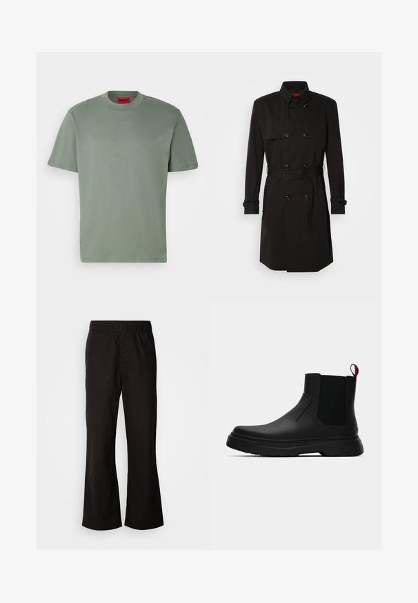 Juodas ilgas paltas su dvigubu užsegimu, didelėmis sagomis, diržu ties juosmeniu ir aukštu apykakle. Lygi medžiaga su matinio paviršiaus apdaila.; Žalias medvilnės marškinėliai, apvaliu iškirpimu, trumpomis rankovėmis, priekyje su iškilniu "HUGO" logotipu tos pačios spalvos. Lygus paviršius.; Juodi elastingi kelniai su išplėstu siluetu, pagaminti iš lygaus medvilnės audinio. Pasižymi paprastu dizainu ir tiesiomis apdailomis.; Juodas kulkšninis batas su lygiu paviršiumi, elastiniais šonų intarpais ir kontrastingu raudonu kilimėliu, turintis storą guminį pado ir apvalią nosį.