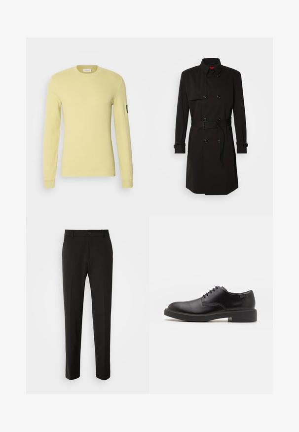 Svart trench coat med dubbelknäppt design, stora knappar, midjebälte och hög krage. Slät tyg med matt ytfinish.; Långärmad t-shirt i ljusgul, tillverkad av texturerat tyg. Har rund hals och ett litet emblem på vänster ärm.; Svarta byxor tillverkade av slät tyg, med raka ben, knappstängning och en klassisk design som passar för både formell och avslappnad användning.; Svart läder snörsko med rund tå, slät yta, minimal söm och låg gummihäl. Logotyp på hälen.