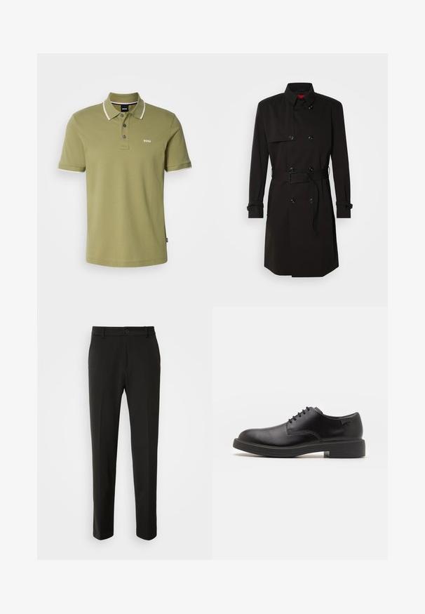 Černý trenčkot s dvouvrstvým designem, velkými knoflíky, páskem v pase a vysokým límcem. Hladká tkanina s matným povrchem.; Olivově zelená polo košile s třemi knoflíky, kontrastním bílým límcem a manžetami, a malým bílým logem "BOSS" na hrudi.; Černé kalhoty vyrobené z hladkého materiálu, s rovnými nohavicemi, zapínáním na knoflík a klasickým designem vhodným pro formální i neformální nošení.; Černé kožené šněrovací boty s kulatou špičkou, hladkým povrchem, minimálním prošíváním a nízkým gumovým podpatkem. Logo na patě.