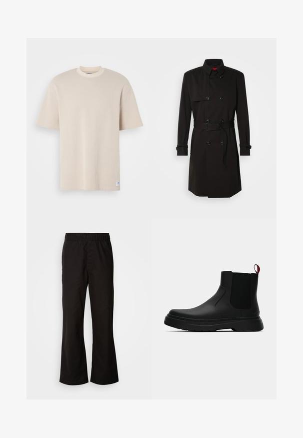 Cappotto lungo nero con design doppiopetto, grandi bottoni, vita con cintura e colletto alto. Tessuto liscio con finitura opaca.; T-shirt beige a coste con scollatura rotonda e maniche corte, con etichetta del marchio visibile nell'angolo in basso a sinistra.; Pantaloni neri con cintura elastica a vita, dalla forma svasata, realizzati in morbido tessuto di cotone. Caratterizzati da un design semplice e aperture delle gambe dritte.; Stivale alla caviglia nero con finitura liscia, pannelli laterali elastici e un tab di presa rosso a contrasto, dotato di una suola in gomma spessa e punta arrotondata.