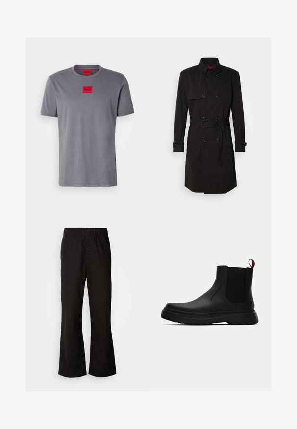 Melns tranšejas mētelis ar dubulto pogu dizainu, lielām pogām, jostu viduklī un augstu apkakli. Gluda auduma ar matētu apdari.; Pelēks īsām piedurknēm T-krekls, izgatavots no kokvilnas, ar mazu sarkanu taisnstūrveida logotipu ar uzrakstu "HUGO", kas novietots centrā uz krūškurvja. Apaļš kakla izgriezums.; Melnas elastīgas jostas bikses ar izplūdušu formu, izgatavotas no gludas kokvilnas auduma. Iezīmē vienkāršu dizainu un taisnas kāju atveres.; Melnas potītes ar gludu apdari, elastīgiem sānu paneļiem un kontrastējošu sarkano cilpu, aprīkotas ar biezu gumijas zoli un noapaļotu purngalu.