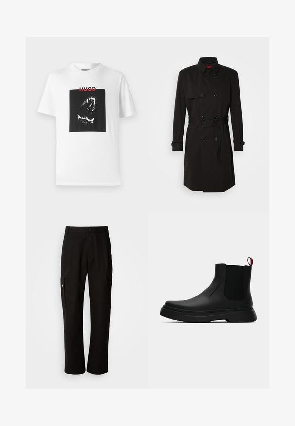 Melns tranšejas mētelis ar dubulto pogu dizainu, lielām pogām, jostu viduklī un augstu apkakli. Gluda auduma ar matētu apdari.; Balta kokvilnas T-kreklā ar lielu melnu kvadrātveida grafiku, kurā ir stilizēta mutes ilustrācija un sarkans "HUGO" teksts augšpusē.; Melnas kokvilnas kravas bikses ar brīvu piegriezumu, ar sānu kabatām, pogu aizdari un taisnām kājām. Vienkāršs dizains bez rakstiem.; Melnas potītes ar gludu apdari, elastīgiem sānu paneļiem un kontrastējošu sarkano cilpu, aprīkotas ar biezu gumijas zoli un noapaļotu purngalu.