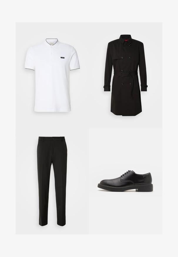Mustat trench-takit, joissa on kaksirivinen malli, suuret napit, vyötärönauha ja korkea kaulus. Sileä kangas matta pinnalla.; Valkoinen polo-paita, jossa on napitettava kaulus, musta reunus kauluksessa ja hihoissa sekä pieni musta logo-painatus vasemmassa rinnassa.; Mustat housut, jotka on valmistettu sileästä kankaasta, suoriin lahkeisiin, nappikiinnitykseen ja klassiseen muotoiluun, sopivat muodollisiin tai vapaa-ajan asuihin.; Mustat nahkasaappaat, joissa on pyöreä kärki, sileä pinta, minimaalinen ommel ja matala kumipohja. Logo kannassa.