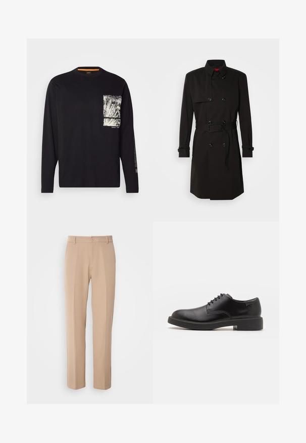 Czarny płaszcz typu trench z podwójnym zapięciem, dużymi guzikami, paskiem w talii oraz wysokim kołnierzem. Gładki materiał o matowym wykończeniu.; Czarna longsleeve z bawełny, z białym nadrukiem na kieszeni na piersi i nadrukowanym tekstem wzdłuż lewego rękawa.; Beżowe spodnie wykonane z gładkiego materiału, z prostym krojem nogawki, zapinane na guzik z przodu, z subtelnymi zagnieceniami z przodu.; Czarny skórzany but za kostkę z okrągłym noskiem, gładką fakturą, minimalnym przeszyciem i niskim gumowym obcasem. Logo na pięcie.