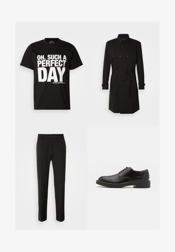 Sort trenchcoat med dobbeltrækkerdesign, store knapper, beltestrop i taljen og høj krave. Glat stof med mat finish.; Sort kortærmet T-shirt lavet af bomuld med fed hvid tekst: "ÅH, SÅ EN PERFEKT DAG" med en reference til Lou Reeds album.; Sorte bukser lavet af glat stof, med lige ben, en knaplukning og et klassisk design, der er velegnet til både formelt og uformelt brug.; Sorte læder snørestøvle med rund tå, glat tekstur, minimal syning og lav gummihæl. Logo på hælen.