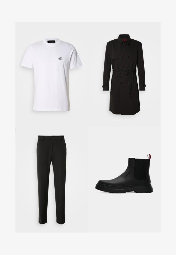 Crni trench kaput s dvostrukim kopčanjem, velikim gumbima, remenom u struku i visokim ovratnikom. Glatka tkanina s mat završetkom.; Bijela pamučna majica s okruglim izrezom, kratkim rukavima i malim crnim izvezenim logom na lijevoj strani grudi. Jednostavan i klasičan dizajn.; Crni hlače od glatkog materijala, s ravnim nogavicama, zatvaranjem na dugme i klasičnim dizajnom prikladnim za formalne ili ležerne prilike.; Crni gležnjači s glatkom površinom, elastičnim bočnim panelima i kontrastnom crvenom vučnom petljom, s debelim gumenim potplatom i zaobljenim vrhom.