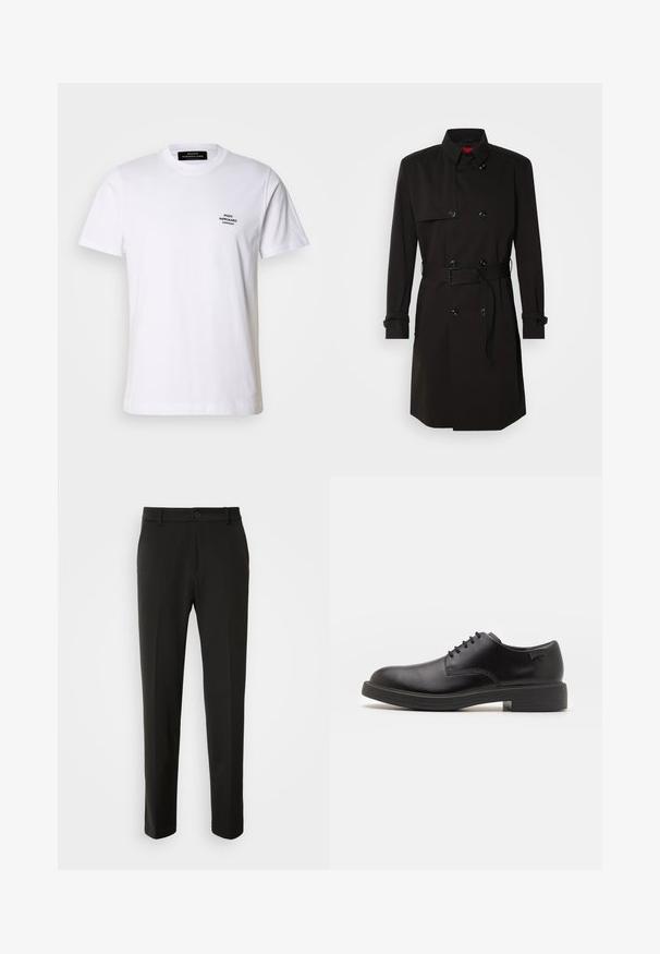 Schwarzer Trenchcoat mit einem doppelt knöpfbaren Design, großen Knöpfen, einem taillierten Gürtel und einem hohen Kragen. Glattes Material mit matter Oberfläche.; Weißes Baumwoll-T-Shirt mit Rundhalsausschnitt, kurzen Ärmeln und einem kleinen schwarzen gestickten Logo auf der linken Brust. Einfaches und klassisches Design.; Schwarze Hose aus glattem Stoff, mit geraden Beinen, einem Knopfverschluss und einem klassischen Design, das sowohl für formelle als auch für legere Anlässe geeignet ist.; Schwarzer Leder-Schnürschuh mit abgerundetem Zeh, glatter Textur, minimaler Naht und niedrigem Gummiabsatz. Logo auf der Ferse.