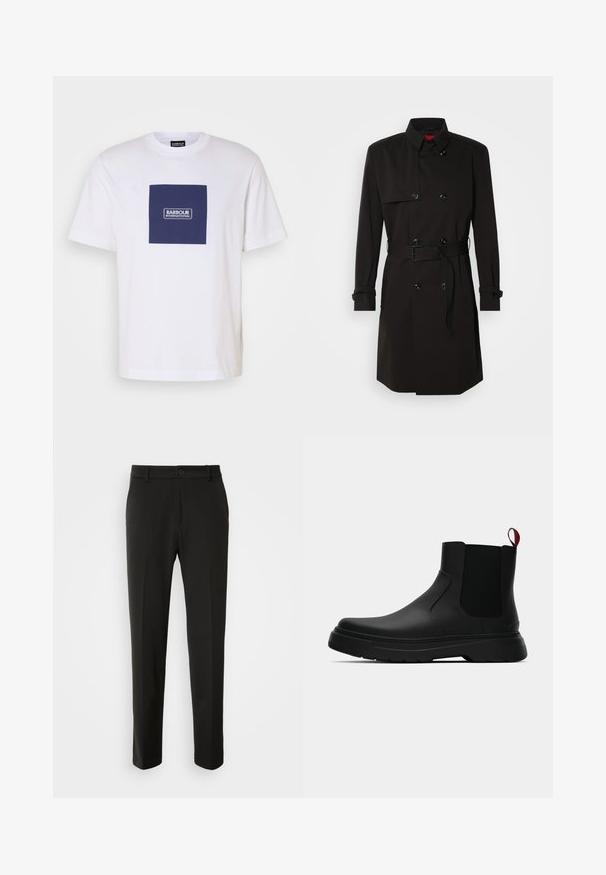 Czarny płaszcz typu trench z podwójnym zapięciem, dużymi guzikami, paskiem w talii oraz wysokim kołnierzem. Gładki materiał o matowym wykończeniu.; Biała bawełniana koszulka z krótkim rękawem z granatowym kwadratem i logo "BARBOUR INTERNATIONAL". Klasyczny krój z okrągłym dekoltem.; Czarne spodnie z gładkiego materiału, z prostymi nogawkami, z zapięciem na guzik i klasycznym wzornictwem, odpowiednie zarówno na formalne, jak i codzienne okazje.; Czarny botek za kostkę o gładkim wykończeniu, z elastycznymi bocznymi panelami i kontrastującą czerwoną pętelką, z grubą gumową podeszwą i zaokrąglonym noskiem.