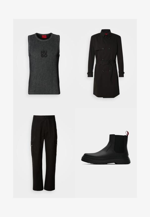 Casaco preto de trench coat com um design de duplo botão, grandes botões, cintura cingida por um cinto e colarinho alto. Tecido liso com um acabamento mate.; Top preto sem mangas feito de tecido canelado, com um decote redondo e um logotipo discreto na parte da frente. Etiqueta vermelha na parte interna do pescoço.; Calças cargo pretas em algodão com um corte relaxado, apresentando bolsos laterais, fecho com botão e perna reta. Design simples sem padrões.; Botim preto até ao tornozelo com um acabamento liso, painéis laterais elásticos e uma pega vermelha em contraste, com uma sola de borracha espessa e bico arredondado.