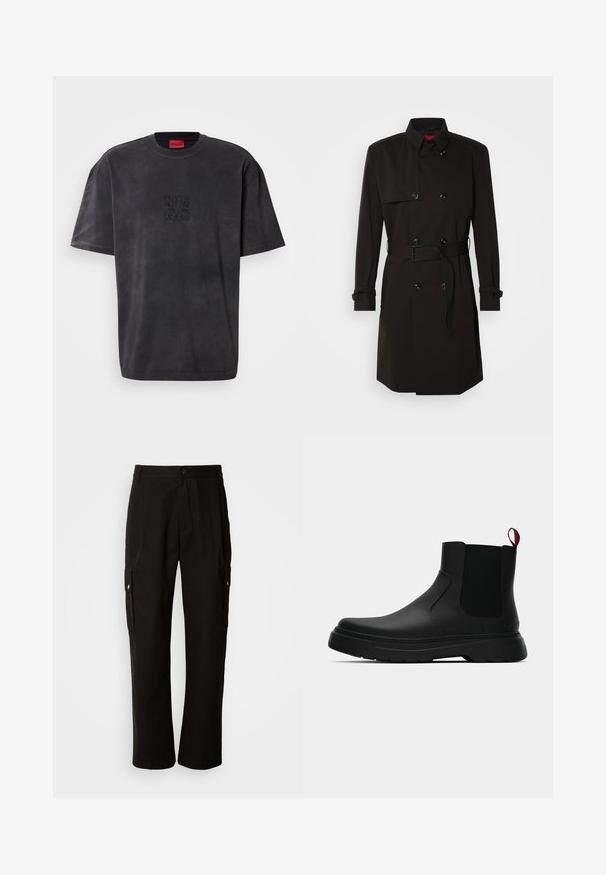 Černý trenčkot s dvouvrstvým designem, velkými knoflíky, páskem v pase a vysokým límcem. Hladká tkanina s matným povrchem.; Černé bavlněné tričko s volným střihem, kulatým výstřihem, krátkými rukávy a reliéfním logem "HUGO" na přední straně.; Černé cargo kalhoty vyrobené z bavlny s uvolněným střihem, vybavené bočními kapsami, zapínáním na knoflík a rovnými nohavicemi. Jednoduchý design bez vzorů.; Černé kotníkové boty s hladkým povrchem, elastickými bočními panely a kontrastním červeným poutkem, s tlustou gumovou podrážkou a zaoblenou špičkou.