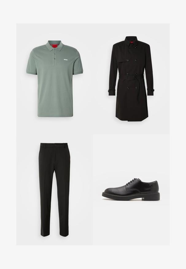 Mustade trench-takid, millel on kahekordselt nööbitud disain, suured nööbid, vööl olev rihm ja kõrge krae. Sile kangas matta viimistlusega.; Roheline polo särk, mis on valmistatud puuvillast, kolme nööbiga kaelusega, logoga rinnal ja lühikeste varrukatega. Sile tekstuur ja klassikaline lõige.; Mustad püksid siledast kangast, sirgete jalgadega, nupuvõtme sulgemisega ja klassikaline disain, sobiv nii ametlikeks kui ka igapäevasteks kandmiseks.; Must beemel levalis kingad ümarate varvastega, sileda pinnaga, minimaalsete õmblustega ja madala kummist kontsaga. Logo kontsa peal.
