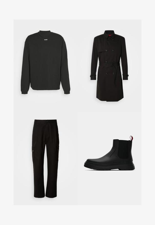 Cappotto lungo nero con design doppiopetto, grandi bottoni, vita con cintura e colletto alto. Tessuto liscio con finitura opaca.; Felpa nera a maniche lunghe in cotone, con un collo alto e la scritta "HUGO" in bianco sul petto.; Pantaloni cargo neri in cotone con vestibilità comoda, dotati di tasche laterali, chiusura a bottone e gambe dritti. Design semplice senza motivi.; Stivale alla caviglia nero con finitura liscia, pannelli laterali elastici e un tab di presa rosso a contrasto, dotato di una suola in gomma spessa e punta arrotondata.