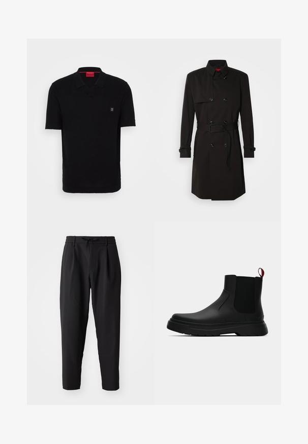 Cappotto lungo nero con design doppiopetto, grandi bottoni, vita con cintura e colletto alto. Tessuto liscio con finitura opaca.; Polo shirt nero a maniche corte con scollo a V, realizzato in tessuto morbido; presenta un piccolo logo nero sul petto e un'etichetta interna rossa.; Pantaloni neri a sigaretta con cintura elastica e cordino. Tessuto liscio con una texture leggera, caratterizzati da pieghe e tasche laterali.; Stivale alla caviglia nero con finitura liscia, pannelli laterali elastici e un tab di presa rosso a contrasto, dotato di una suola in gomma spessa e punta arrotondata.