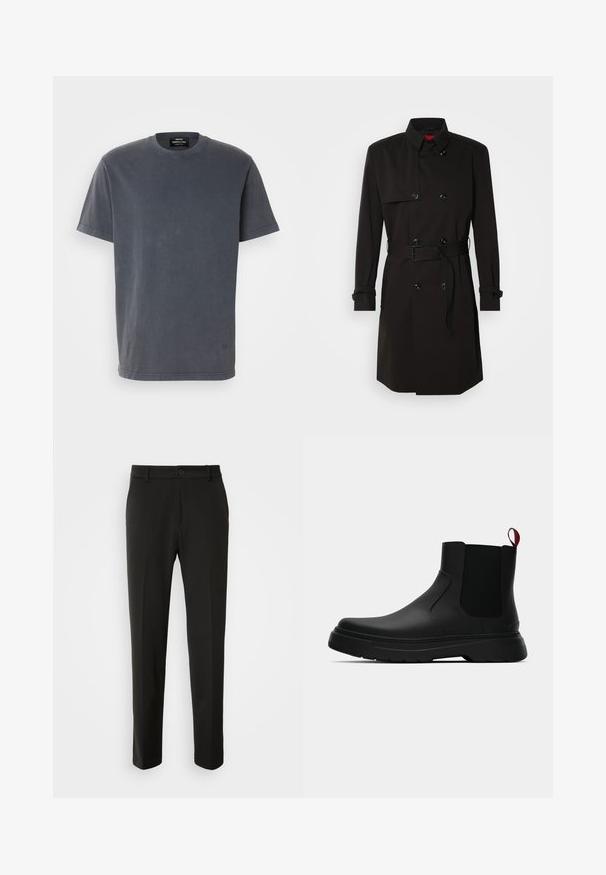 Fekete trench kabát, dupla gombos dizájnnal, nagy gombokkal, övvel ellátott derékkal és magas gallérral. Simább anyag, matt felülettel.; Szürke, rövid ujjú pamut póló. Kerek nyakú, laza fazonú. Minimalista dizájn, minták vagy grafikák nélkül.; Fekete nadrág sima szövetből, egyenes lábakkal, gombos záródással és klasszikus designnal, amely alkalmas formális vagy hétköznapi viseletre.; Fekete bokacipő sima felülettel, ruganyos oldalsó panelek és kontrasztos piros húzópánt jellemzi, vastag gumitalppal és lekerekített orral.