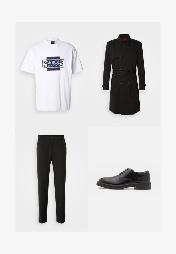 Black trench coat featuring a double-breasted design, large buttons, a belted waist, and a high collar. Smooth fabric with a matte finish.; White cotton t-shirt featuring bold "Barbour International" logo in blue and black. Classic round neck, short sleeves, and relaxed fit.; Black trousers made of smooth fabric, featuring straight legs, a button closure, and a classic design suitable for formal or casual wear.; Black leather lace-up shoe with a rounded toe, smooth texture, minimal stitching, and a low rubber heel. Logo on the heel.