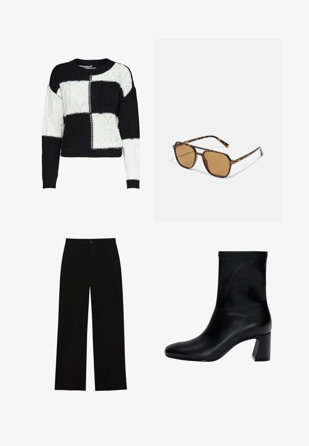 Černá bomber bunda s texturovanou tkaninou, zipovým zapínáním, žebrovaným límcem a manžetami a velkými předními kapsami s embosovaným květinovým vzorem.; Pletený svetr s černobílým patchworkovým designem, obsahující texturované vzory a kulatý výstřih, s žebrovanými manžetami a lemem.; Černé, vysoké kalhoty s širokým střihem vyrobené z hladkého materiálu, s plochým předním dílem, zapínáním na knoflík a bez viditelných kapes.; Černé kotníkové boty vyrobené z hladké kůže. Mají čtveratou špičku, elastický vršek a masivní podpatek pro stabilitu. Minimalistický design.; Sluneční brýle s hnědým nádechem, želvovinovým rámem, obdélníkovými skly a štíhlými stranami s oranžovým akcentovým vzorem.; Hnědá semišová kabelka se zlatým čtvercovým zapínáním, horním uchopem a řetízkovým popruhem. Vyznačuje se obdélníkovým tvarem a zaoblenými okraji.