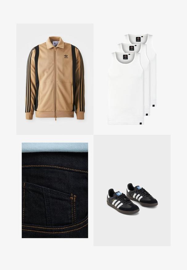 Hnědá zipová sportovní bunda vyrobená z texturované tkaniny, s černými vertikálními pruhy na rukávech a logem Adidas na hrudi.; Tři bílé žebrované tílka vyrobené z bavlny. Mají kulatý výstřih a malé černé štítky poblíž lemu. Dostupné v několika velikostech.; Tmavě modré džínové kalhoty s oranžovým prošitím, se zadní kapsou a světle modrou košilí viditelnou nad nimi. Hladká textura, klasický design.; Černé tenisky s vrškem z semiše a syntetického materiálu, s třemi bílými pruhy, texturovanou gumovou podrážkou a modrou nášivkou loga na jazyku.