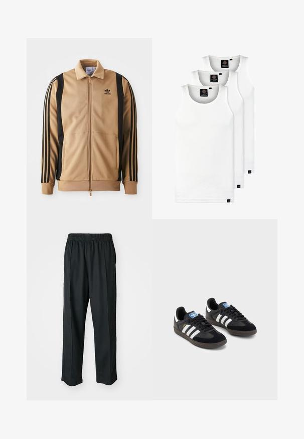 Tan zippered træningsjakke lavet af tekstureret stof, med sorte vertikale striber på ærmerne og et Adidas-logo på brystet.; Tre hvide ribbede tanktops lavet af bomuld. Har en rund hals og små sorte mærker nær sømmen. Fås i flere størrelser.; Sorte træningsbukser med elastisk talje, lavet af glat stof, med diskrete sidesyninger og en afslappet pasform, lige ben design.; Sorte sneakers med en overdel i ruskind og syntetisk materiale, med tre hvide striber, struktureret gummisål og en blå logoetiket på tungen.
